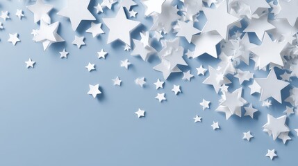 White paper stars scattered on a light blue background creating a decorative effect for celebrations and events