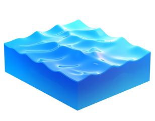 Isometric view of a blue-toned block of wavy water