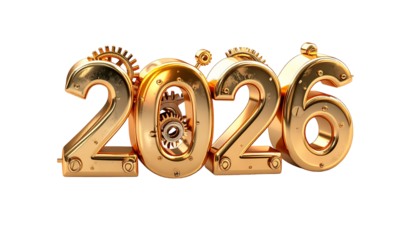 Golden, steampunk-styled year 2026 rendering, gears integrated