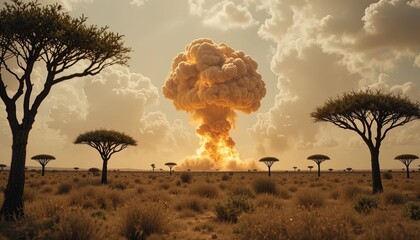 Mushroom Cloud Over African Savannah - Illustration of Nuclear Threat and Environmental Impact with Umbrella Thorn Acacia Trees