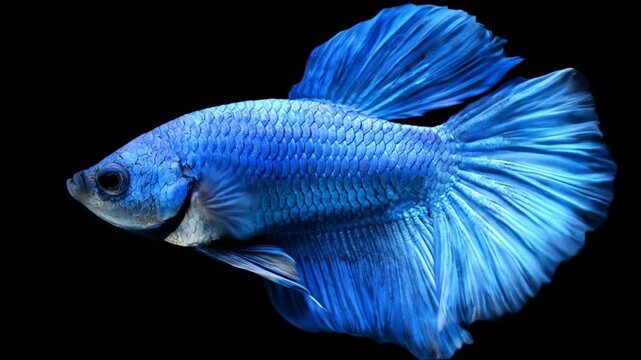 Vibrant blue betta fish against black background stock footage