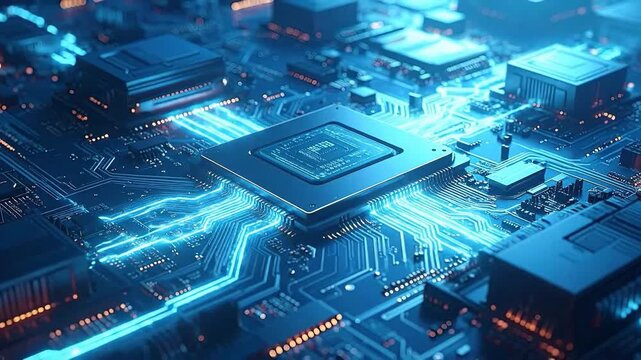 Close-up of a modern computer processor with intricate circuit patterns and glowing blue lights.