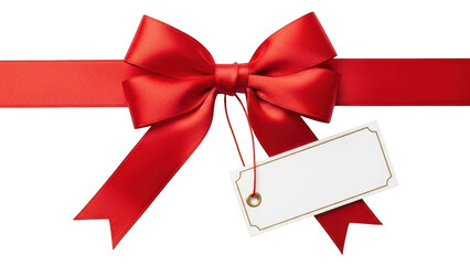 Red satin ribbon bow with blank white gift tag PNG with alpha channel for personalized messages
