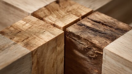 Wood joints connect pieces of timber for construction in a workshop during daylight hours