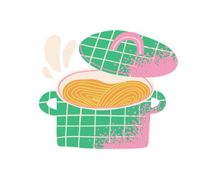 Spaghetti pot, hand drawn textural illustration. Pasta, Italian food, kitchen utensils.