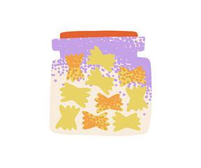 Jar of farfalle, hand-drawn textural illustration. Pasta, food, kitchen utensils.
