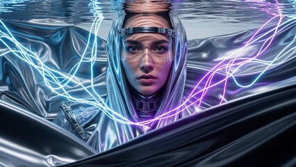 Futuristic Woman in Silver Space Suit Submerged Underwater with Neon Light Fibers and Silk Fabric