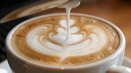 Captivating closeup of a freshly prepared cappuccino featuring delicate and artistic heartshaped foam art symbolizing warmth comfort and the perfect start to any day served in a classic white ceramic.