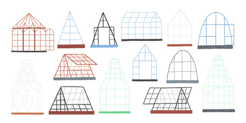 Set of hand drawn greenhouses. Agriculture, Landscaping, smart farming