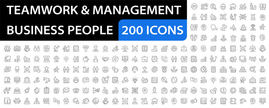 Teamwork and management 200 icon set. Business people, human resources, team building, work group, office management. Simple vector illustration. Editable stroke