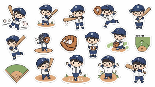 Cartoon boy playing baseball in various poses on the field