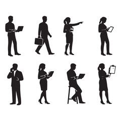 Business People Silhouette Set &ndash; Professionals Walking, Working with Laptop, Tablet and Documents