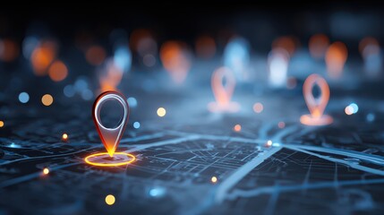 Map shows location markers with bright highlights in a digital setting during the night