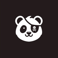 Cute pirate panda face logo with eyepatch and skull symbol, minimalist white vector icon on dark background, playful animal mascot