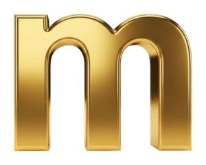 Golden letter m displayed in modern installation gallery view isolated on transparent background