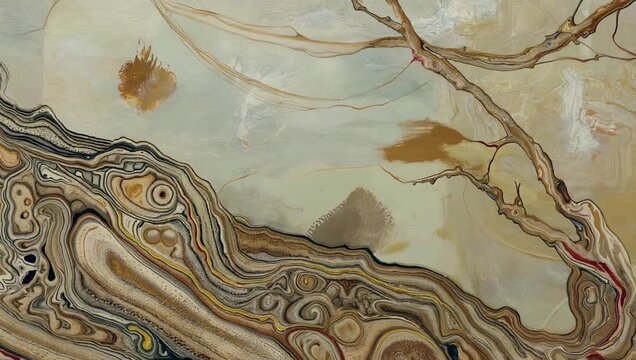 Abstract painting featuring swirling patterns and a branch-like structure.