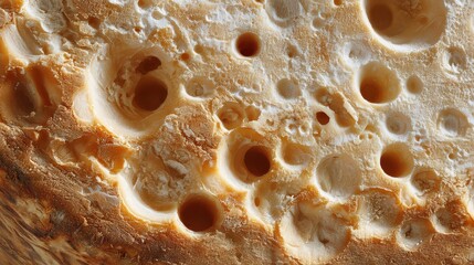 Large wheel of cheese with holes displayed on a wooden surface in a kitchen setting during daytime hours