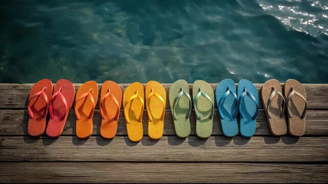 Colorful Flip Flops Lined Up on Wooden Dock