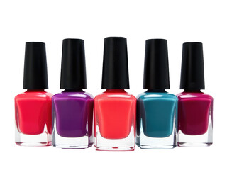 Obraz premium A row of five colorful nail polish bottles on a table or shelf