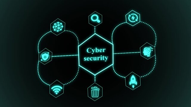 Cybersecurity network concept with protected digital connections, secure processing nodes, centralized control hub, and advanced defense architecture.