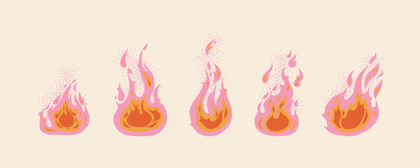 Y2K Fire icon collection. Fire flame Illustration. Hand drawn Bonfire silhouette logotype. Red hot fire flame heat or spicy food symbol
