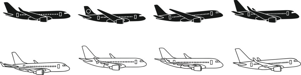 Airplane silhouette vector set, featuring commercial passenger jets in side views, black and outline styles, aviation transport graphics for design projects © allustra