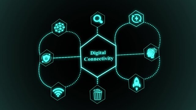 Digital connectivity concept showing interconnected smart systems, data transmission paths, centralized hub, and advanced communication architecture.
