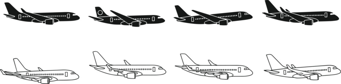 Airplane silhouette vector set, featuring commercial passenger jets in side views, black and outline styles, aviation transport graphics for design projects