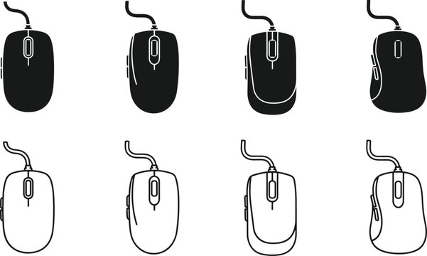 Computer mouse silhouette vector set, featuring wired optical mouse designs, black and outline styles, modern technology icons for digital interface use