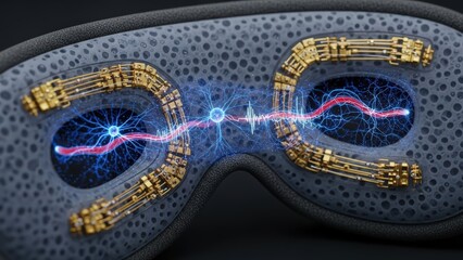 Macro Detail of Advanced Sleep Mask Interior featuring Gold Bio-Sensors and Holographic Neural Data Streams