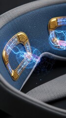 Macro Detail of Advanced Sleep Mask Interior featuring Gold Bio-Sensors and Holographic Neural Data Streams
