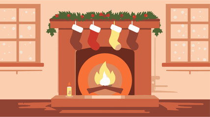 Warm indoor Christmas fireplace scene with hanging stockings, garland, candle, and snowy windows. Festive holiday vector for winter decor, greeting cards, and seasonal design.