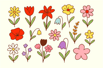 Vibrant spring floral border with wildflowers, leaves, and garden plants. Seamless horizontal vector for vintage cards, wallpapers, and seasonal decoration.