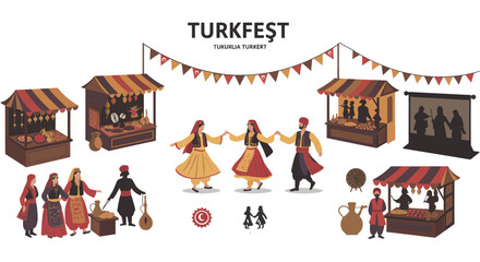 Naklejka premium Vibrant cultural festival scene with people in traditional attire dancing and vendors selling goods at wooden stalls under festive bunting