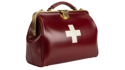 Red leather medical bag with white cross in classic vintage style and golden hardware for healthcare branding