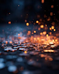 Obraz premium Inflation Driven Commodity Background Glowing orange bokeh sparks over scattered coins on dark wet surface, financial savings and investment abstract background