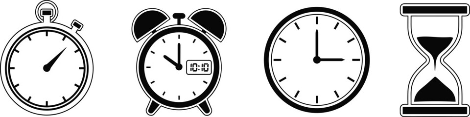 Time management icons set vector featuring stopwatch, alarm clock, wall clock, and hourglass symbols for deadline, schedule, and countdown concepts
