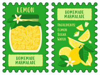 Colourful lemon marmalade card featuring a jar with fruit pieces, citrus slices, leaves, and an ingredients list. Ideal for homemade jam packaging, kitchen decor, recipes, and food branding.