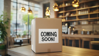 Brown cardboard box with coming soon. label sits on wooden table in cafe interior. Package announcement signals new business