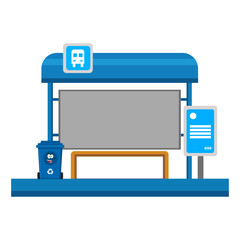 Bus stop illustration with blue shelter, blank billboard, schedule sign, and recycling bin in clean flat vector style