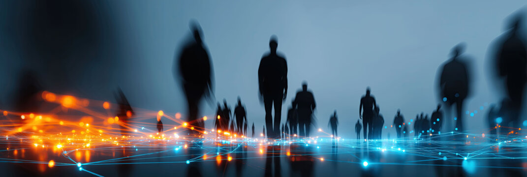 Silhouettes stand above glowing network lines suggesting connected digital society. - Powered by Adobe