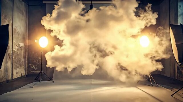 Photography studio setup with softbox lighting and smoke effect, creating a dramatic atmosphere.