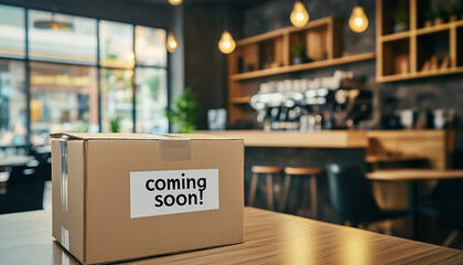 Brown cardboard box with coming soon. label sits on wooden table in cafe interior. Package announcement signals new business