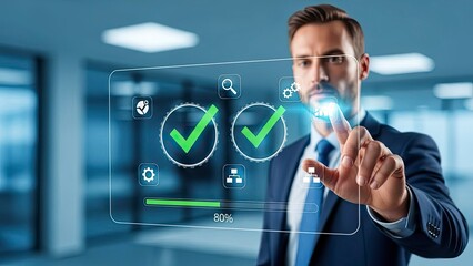Businessman interacting with futuristic virtual interface in office setting with green checkmarks and progress bar