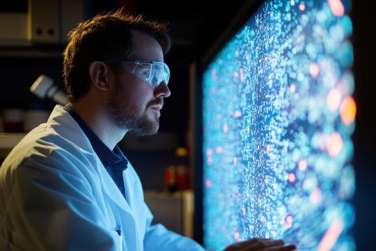 Scientist analyzes data on large display in laboratory environment during night hours - Powered by Adobe