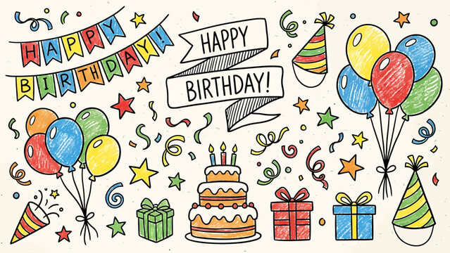 Colorful cartoon birthday celebration with balloons and cake.