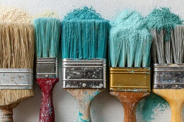 Colorful Paint Brushes with Vibrant Pigments on Wall Surface