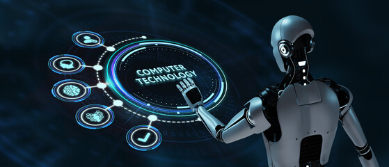 IT consultant presenting tag cloud about information technology. 3d illustration