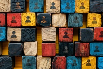 Colorful wooden blocks with user icons for creative concepts and designs
