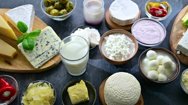 A variety of dairy products including cheese, milk and yogurt.